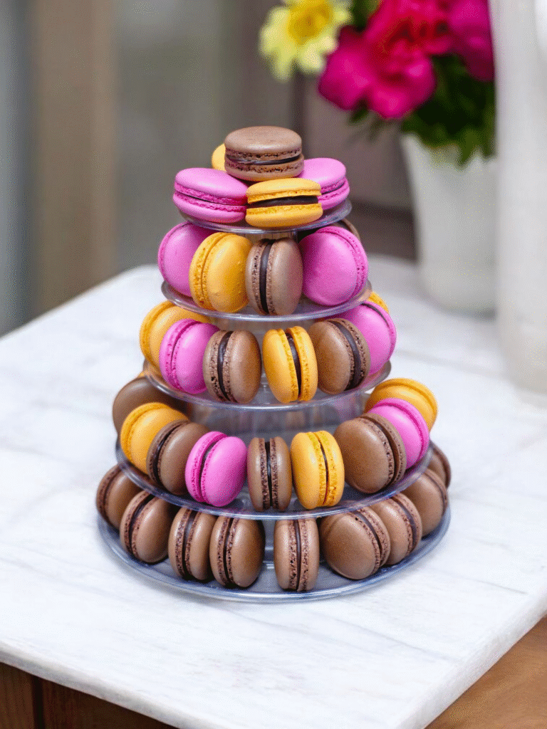 Torre de Macarons de 5 andares nas cores rosa, laranja e marrom